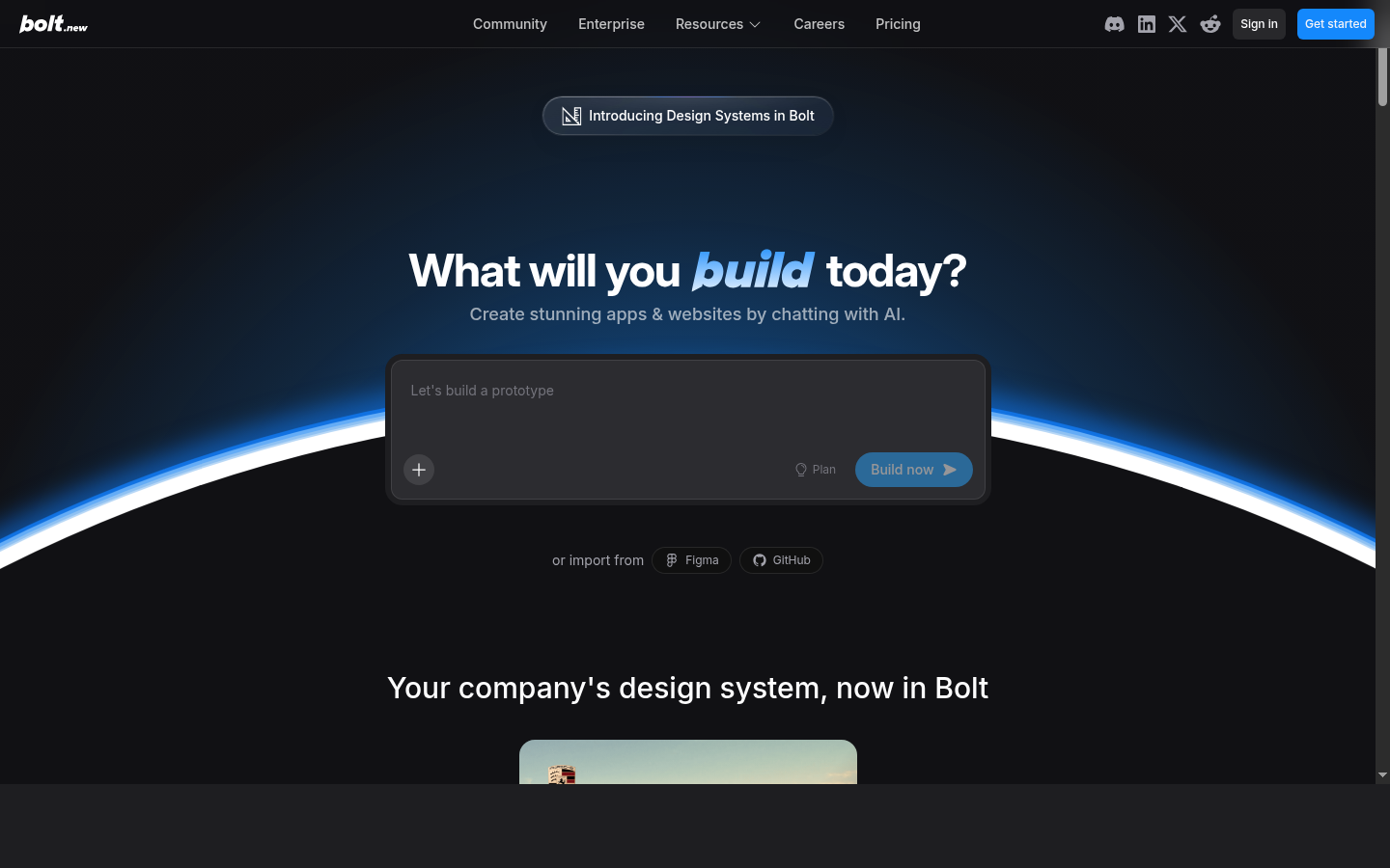 Bolt.new marketing homepage: AI-powered web development in the browser