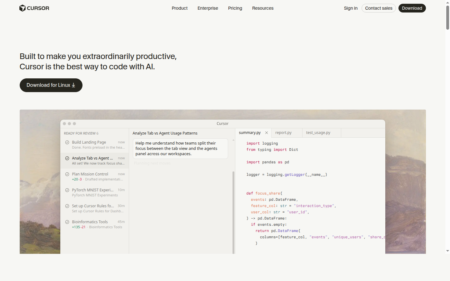 Cursor homepage: AI code editor for professional development