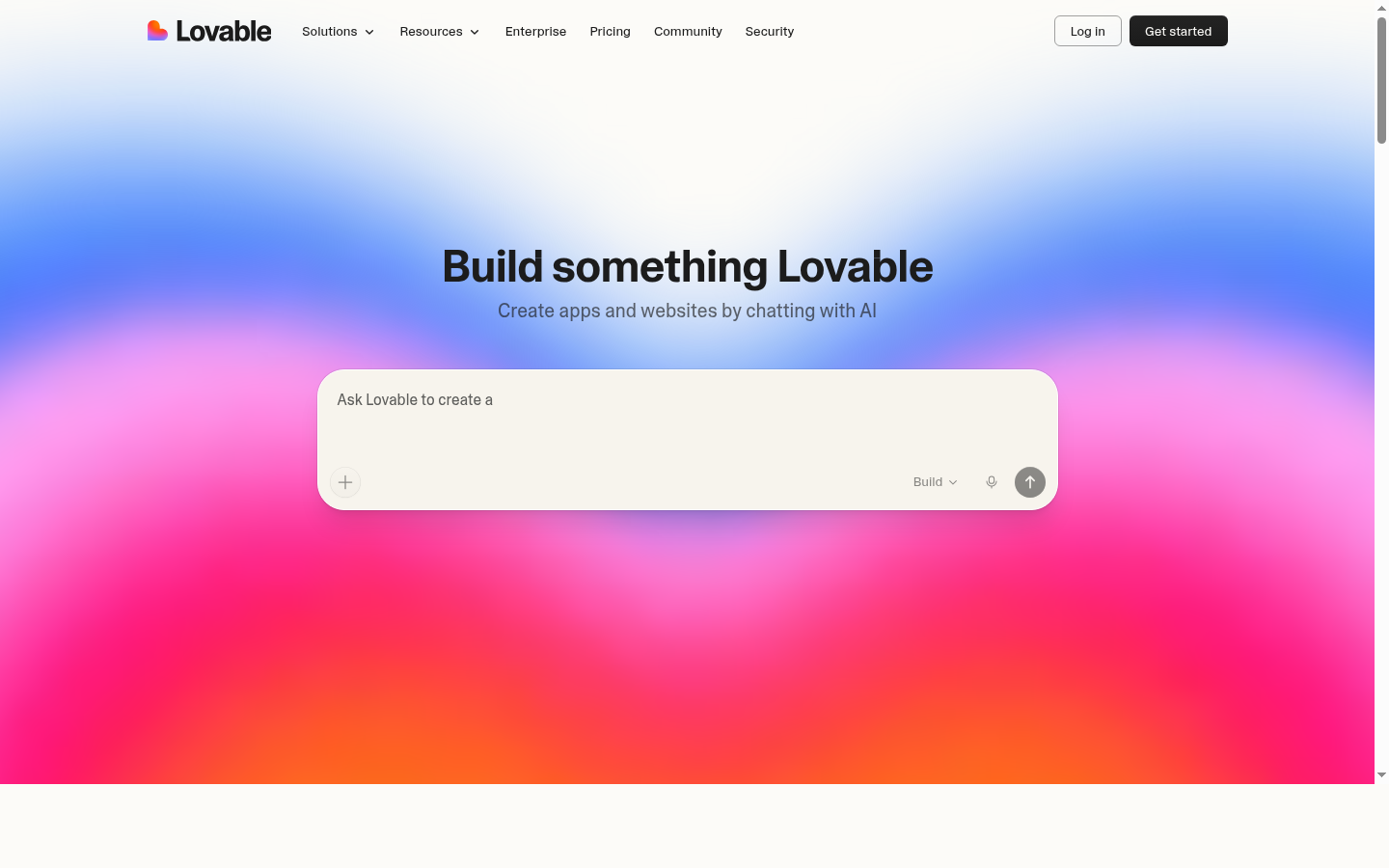 Lovable.dev homepage promoting AI app and product building