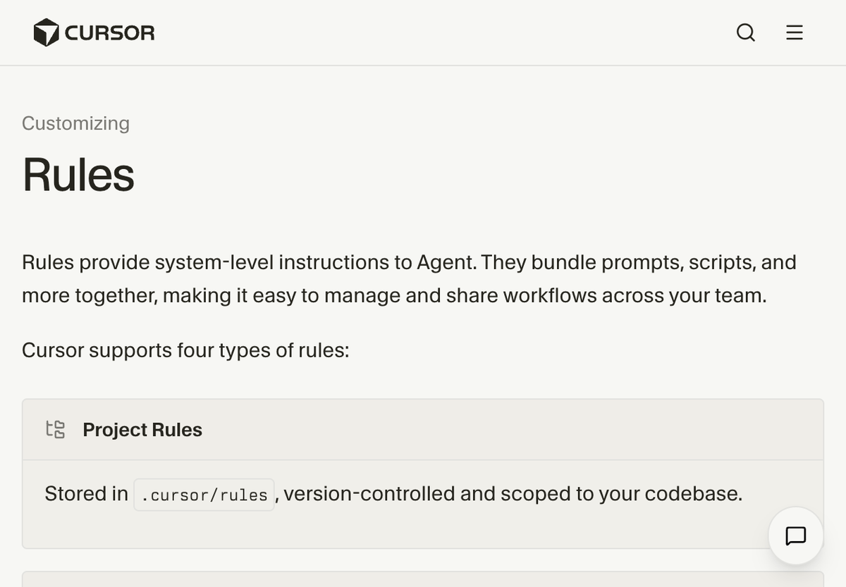 Cursor documentation: Rules overview and Project Rules stored in .cursor/rules