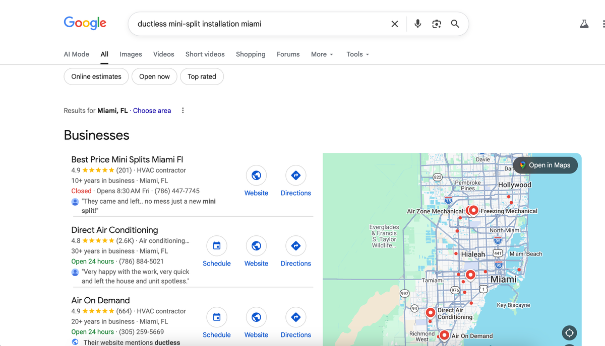 Google search results for "ductless mini-split installation Miami" showing local installation service results