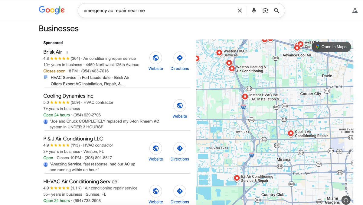 Google search results for "emergency ac repair near me" with local pack and emergency service listings